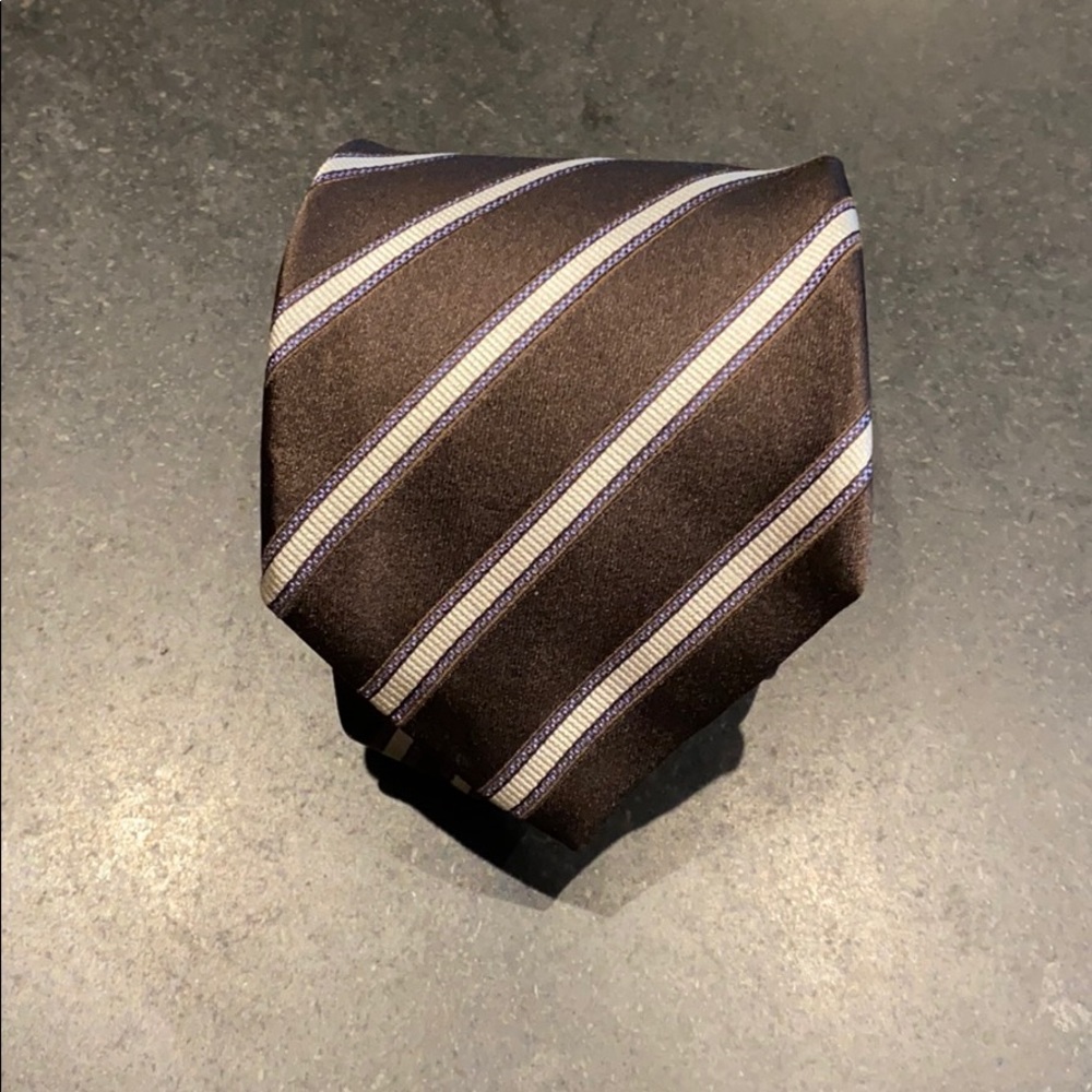 Canali Brown and white stripped tie w blue accents